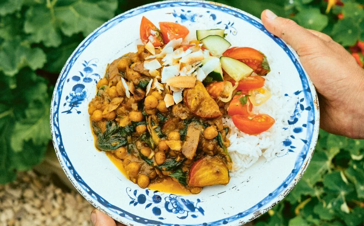 beetroot and chickpea coconut curry with coconut yogurt and spinach