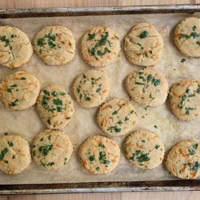 Khorasan cheddar bay biscuits on baking sheet