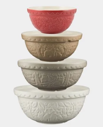 stacked ceramic mixing bowls in red, beige, gray, and white