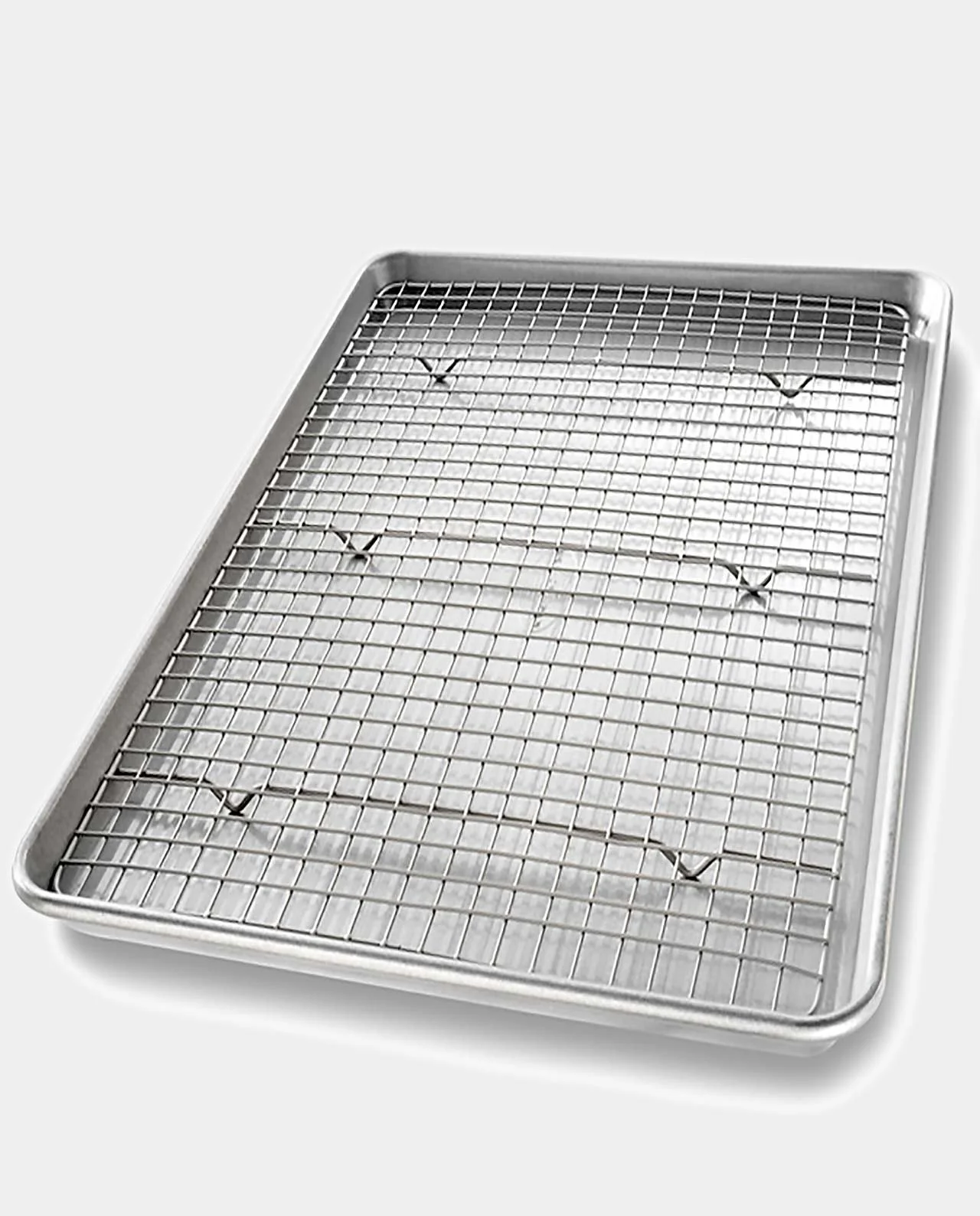 a metal baking pan with a wire rack.