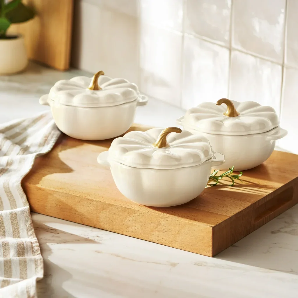 White pumpkin lidded bowls on wood board