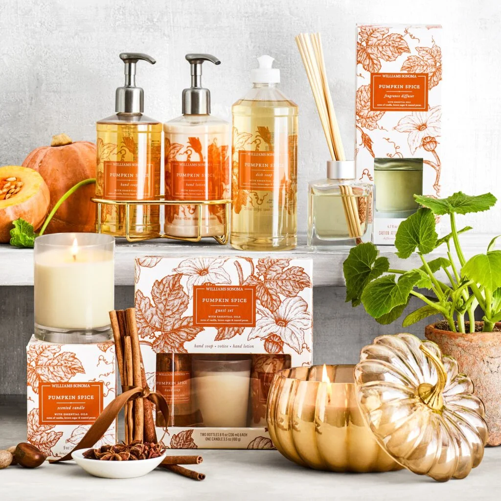 Collection of Pumpkin Spice candles and soaps from Williams Sonoma